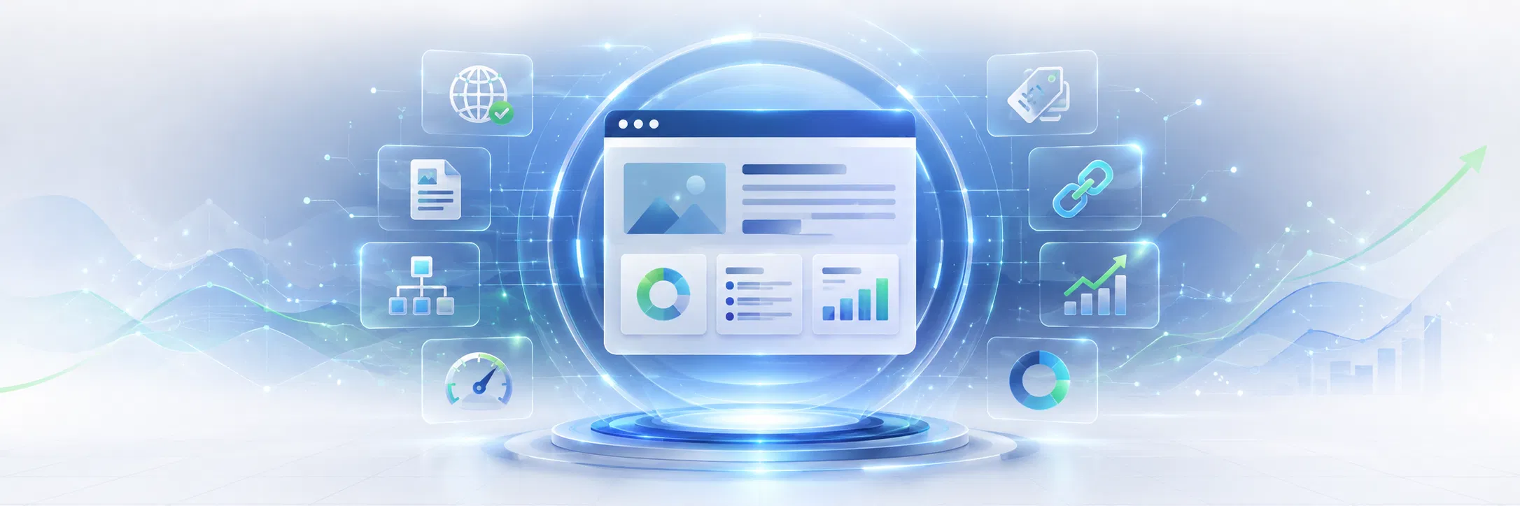 Ilustración conceptual de un sitio web siendo revisado mediante capas de análisis SEO, estructura, velocidad y medición.