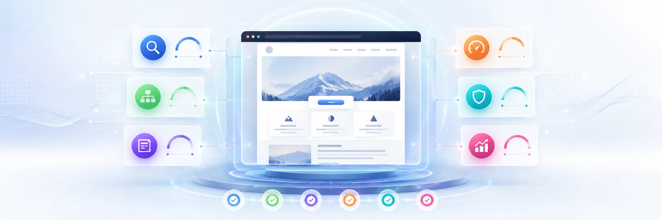 Mockup de una interfaz digital en pantalla de computador con capas visuales que representan problemas ocultos de auditoría web
