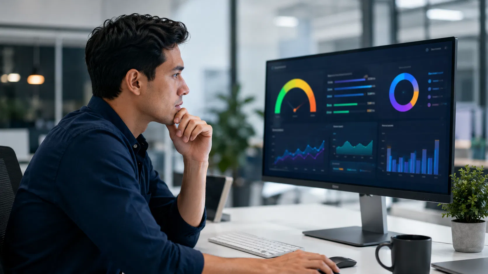 Profesional revisando métricas de velocidad de carga en una pantalla de computador moderno