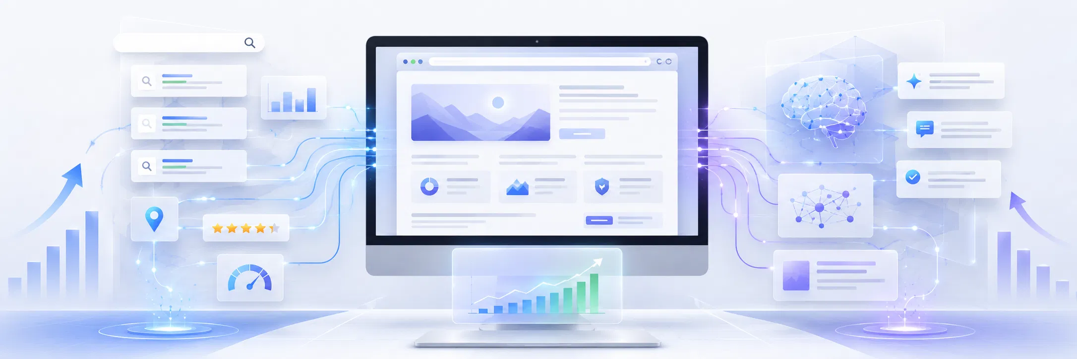 Esquema conceptual de un sitio web conectado con buscadores tradicionales y motores de inteligencia artificial.