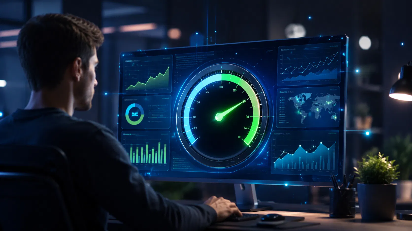 Profesional frente a pantallas digitales analizando métricas de velocidad de carga de un sitio web con indicadores visuales de rendimiento